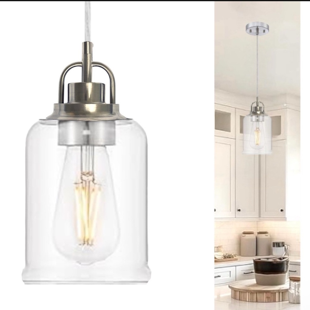Modern Pendant 1-Light Hanging Light Fixture Brushed Nickel Clear Glass Shade